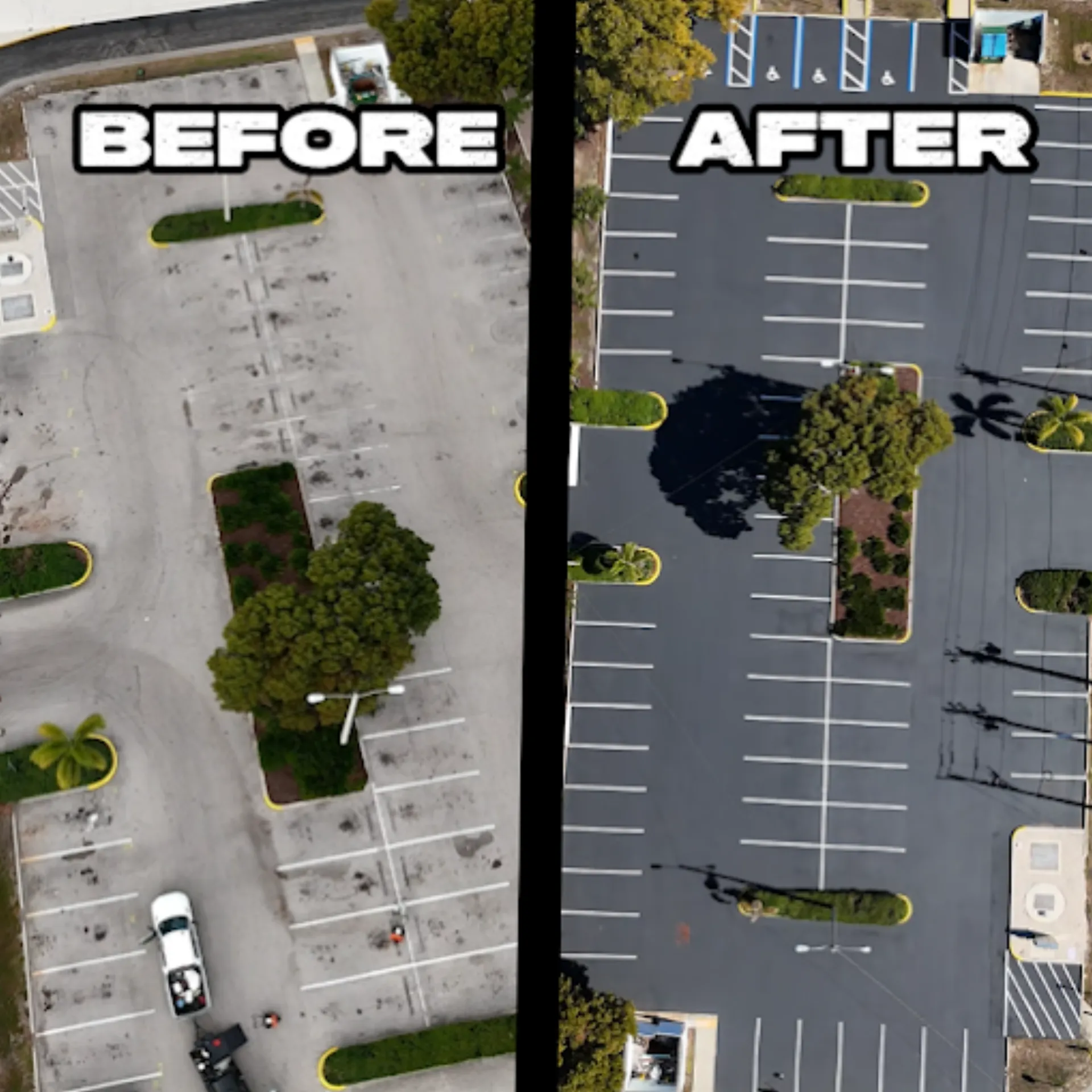 Before and after of a commercial parking lot sealcoated and striped by Florida Sealcoat & Striping