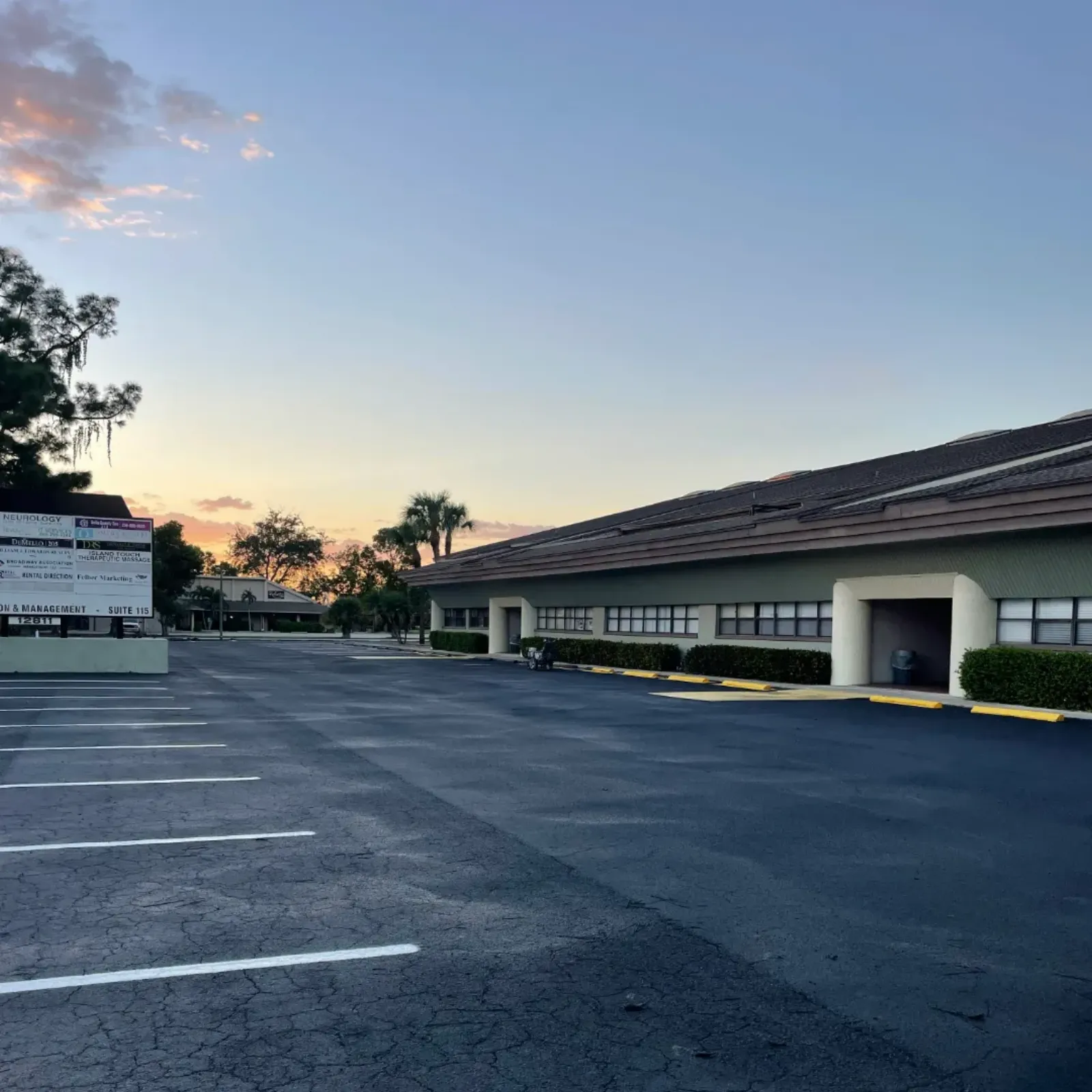Office and business park parking lot at dusk in Southwest Florida