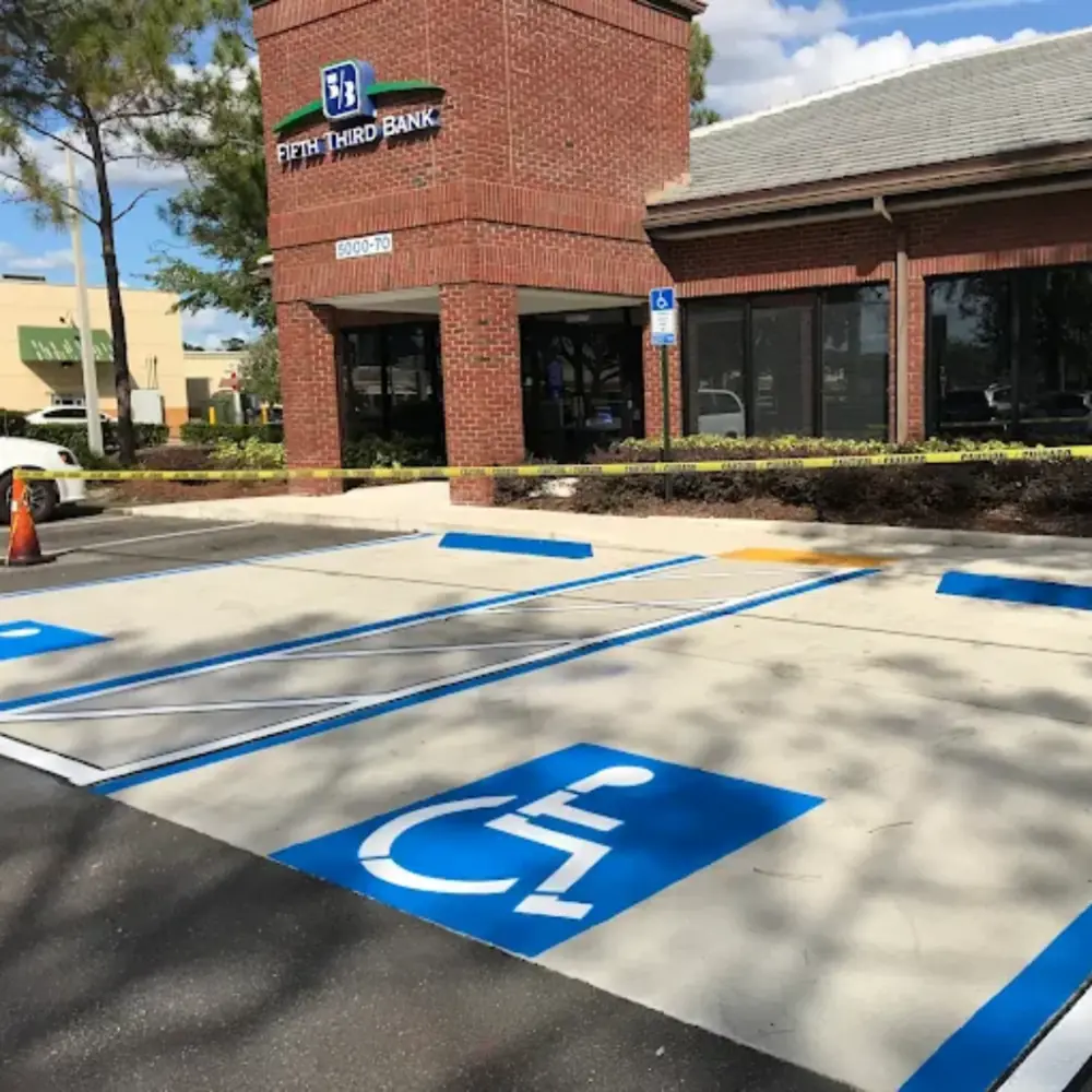 Freshly striped ADA accessible parking stalls at a Fifth Third Bank branch in Southwest Florida